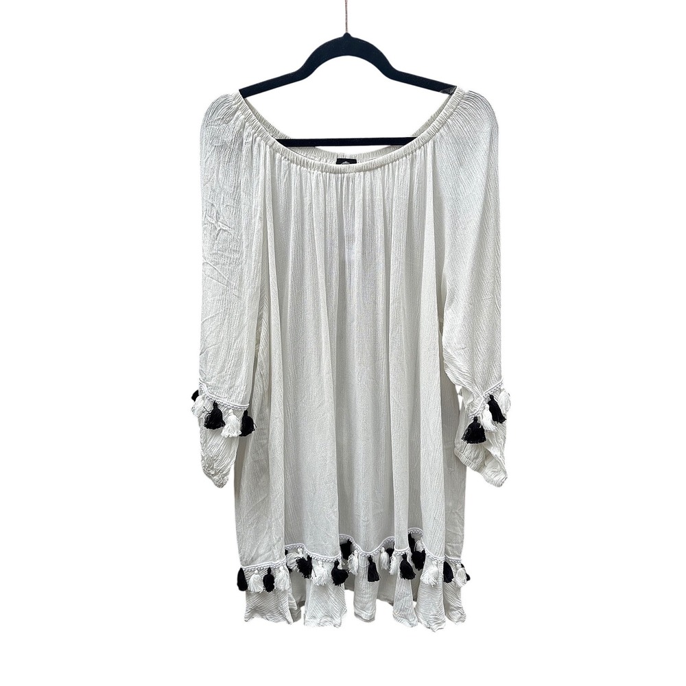 Calstyle Womens 3XL Multi Tassel Top White Boho Off Shoulder Rayon T8627B NWT